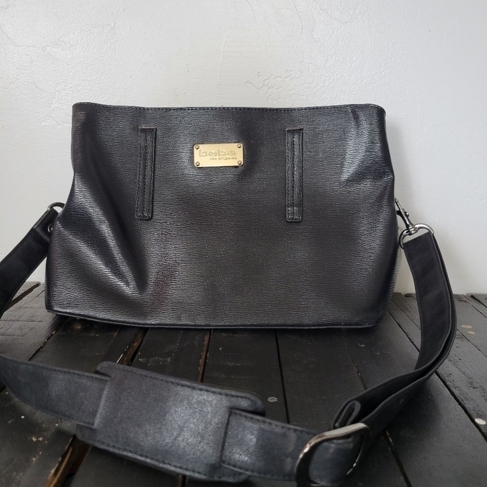 Bebe Black Crossbody Bag Satchel Purse Gold Hardware Handbag Polyvinyl